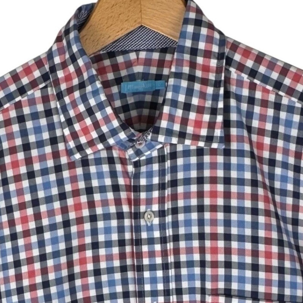 J.McLaughlin Gingham Check Shirt Mens Large Red Blue White Cotton Button Down